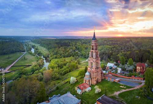 Bell Tower (built in 1895-1899) located on Ivanova Gora in Glubokovo village on Nara river side, Moscow oblat, Russia (aerial view)