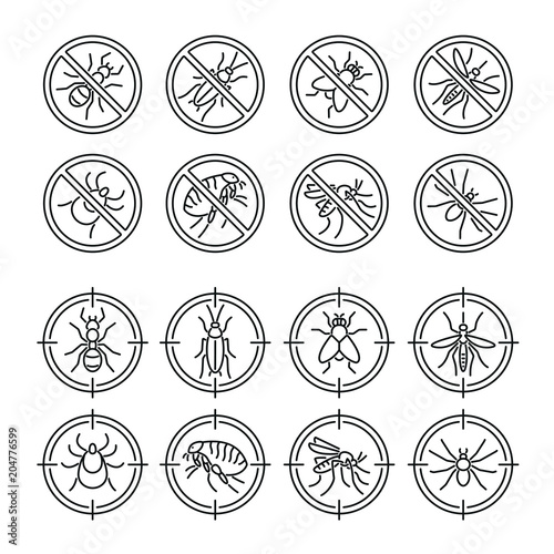Harmful insects: thin vector icon set, black and white kit