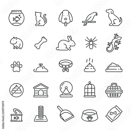 Pet related icons: thin vector icon set, black and white kit