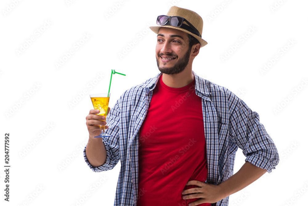 Young funny man with cocktail isolated on white
