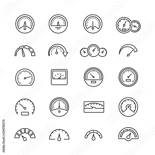 Speedometer icons: thin vector icon set, black and white kit