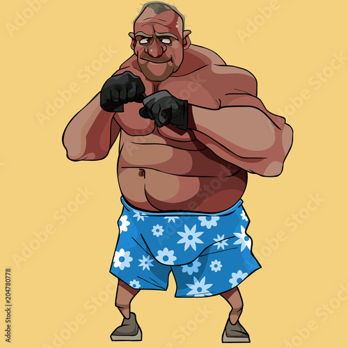 cartoon funny man old boxer in floral shorts
