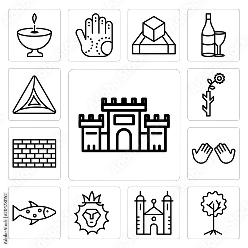Set of Solomon Temple In Jerusalem, Tree Life, Synagogue, Lion Judah, Fish, Dua Hands, Kotel, Budding Staff, Hamantaschen icons