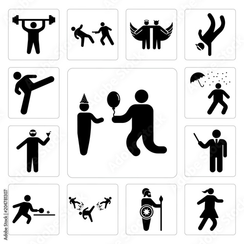 Set of Child Birthday, Running girl, Spartan soldier, Area attack, Person play ping pong, Elegant director, Man with glasses and cocktail in a party, under rain loosing umbrella icons