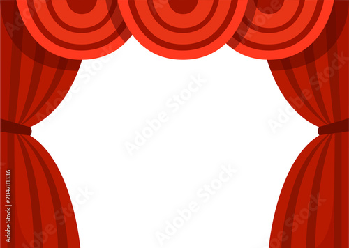 Open red curtains. Classic theater stage. Flat vector illustration isolated on white background