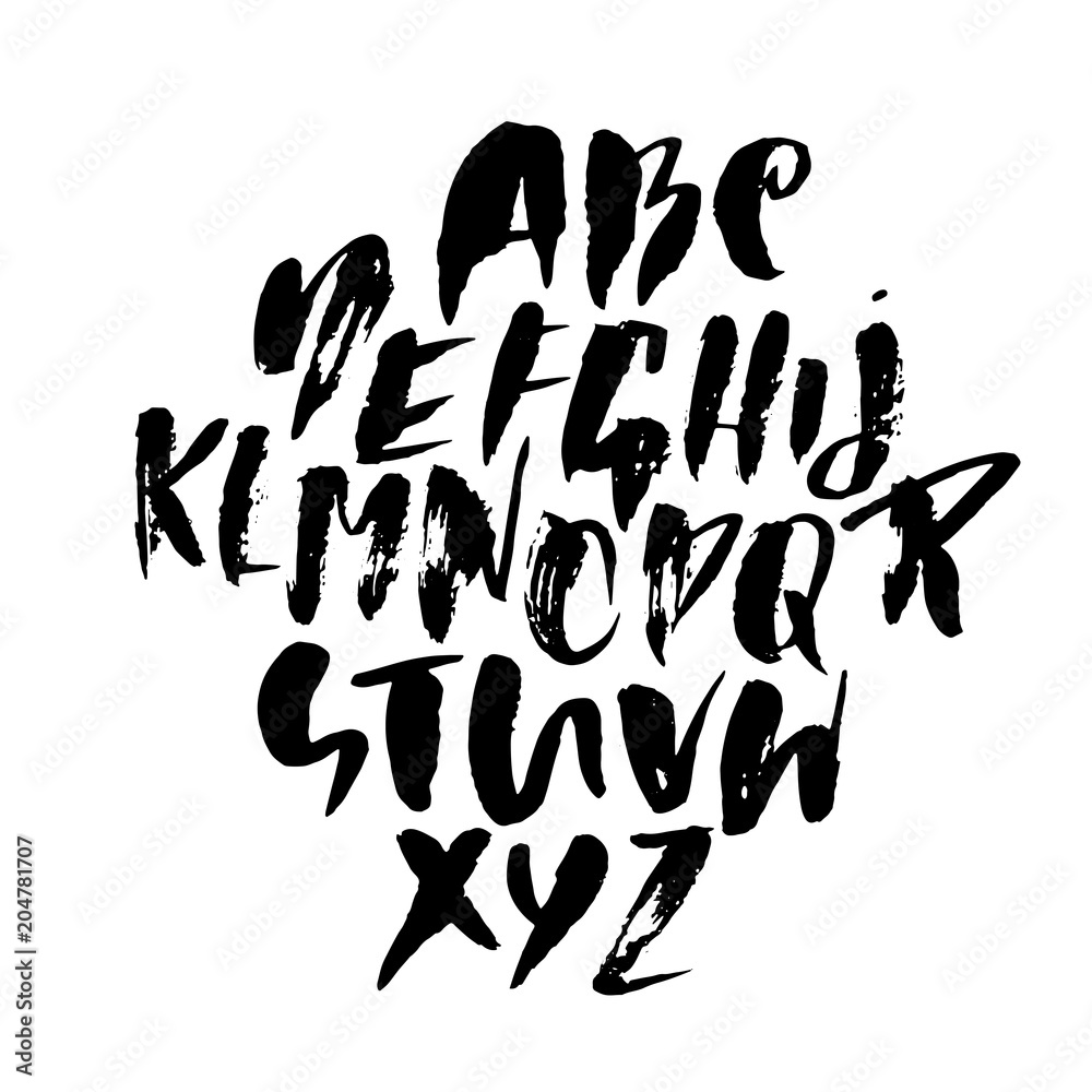 Grunge distress font. Modern dry brush ink letters. Handwritten alphabet. Vector illustration.