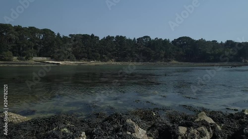 Drone in 4k - Sea, river and cormorant. Flat color. Bird dive and fly away. Sun in Bretagne. Mer, rivière et cormoran. Oiseau qui plonge et s'envole. Soleil en Bretagne.