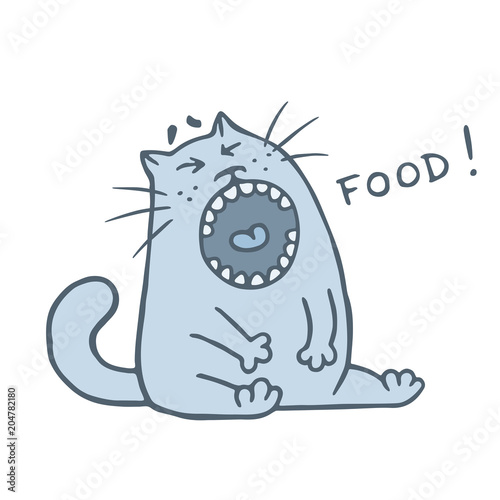 Cute fat cat sits alone at night and sings. Vector illustration