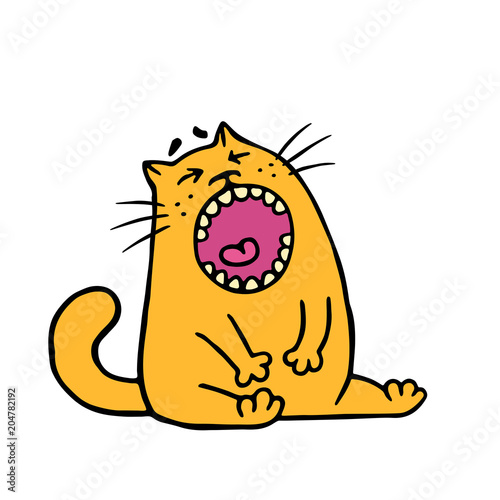 Funny fat orange cat is upset and screams meow. Vector illustration.