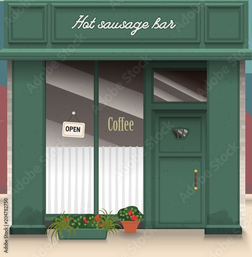 Cafe bar facade. Stylish street shop exterior design. Flat style vector illustration.