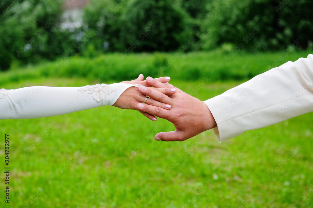 The bride and groom hold extended hands. Wedding summer day in the park. The bride and groom hold extended hands. Wedding summer day in the park.
