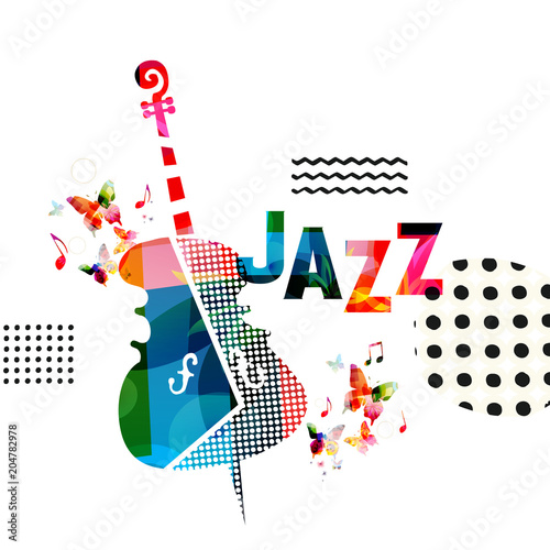 Music colorful background with violoncello vector illustration design. Music festival poster, creative cello design with word jazz. Typographic banner