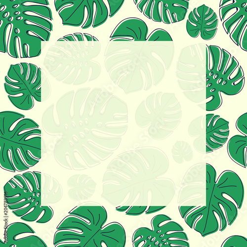 Background with hand drawn tropical leaves nad copyspace. Vector.