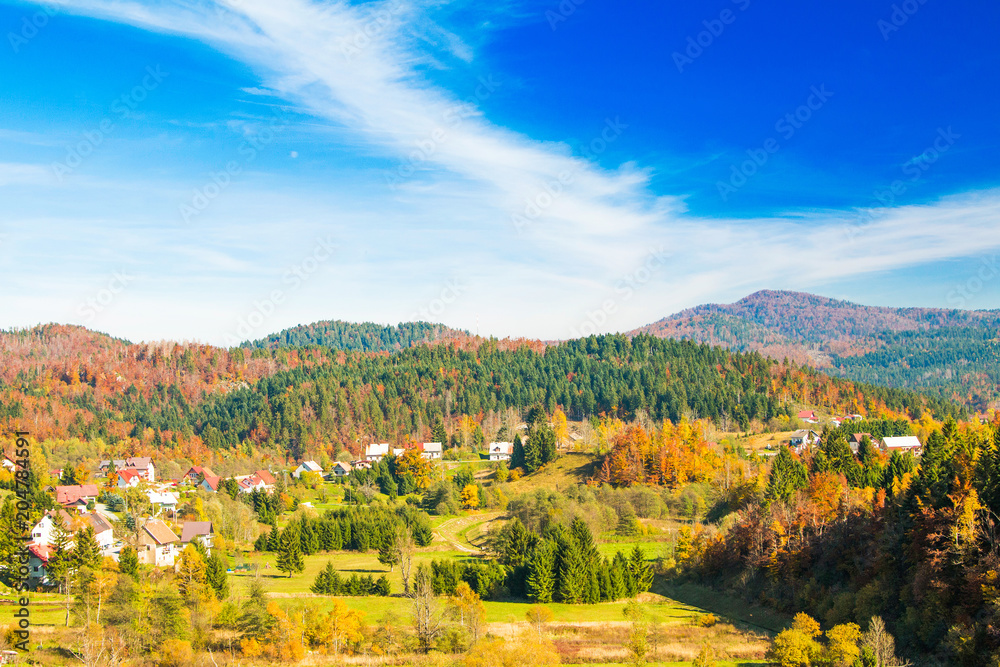 Panoramic view on the beautiful small town of Lokve, coutryside Gorski kotar, Croatia, in autumn