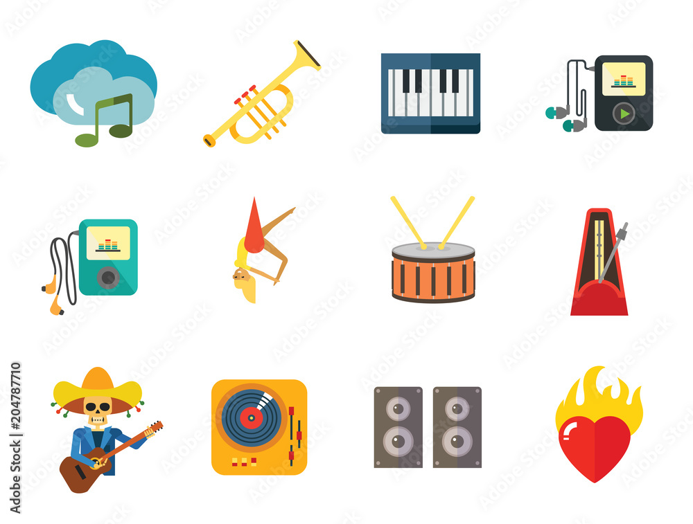 Music Icon Set. Trumpet Player With Headphones Drum Acoustic Speakers  Burning Heart Mariachi Skeleton Guitar Player MP3 Player Metronome DJ  Record Player Synthesizer Chorus Clouds With Note Stock Vector | Adobe Stock