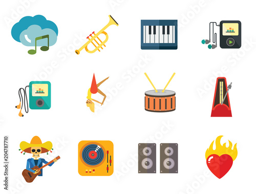 Music Icon Set. Trumpet Player With Headphones Drum Acoustic Speakers Burning Heart Mariachi Skeleton Guitar Player MP3 Player Metronome DJ Record Player Synthesizer Chorus Clouds With Note