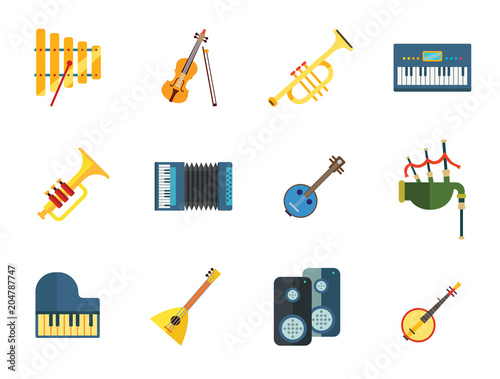 Music Instrument Icon Set. Drum And Drumsticks Balalaika Banjo Instrument Classic Accordion Violin And Bow Trumpet Xylophone Grand Piano Scottish Bagpipe Synthesizer Acoustic Speakers