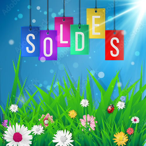 Soldes sticks. Fond graphique SOLDES avec signe de pourcentage dans le parc vert.