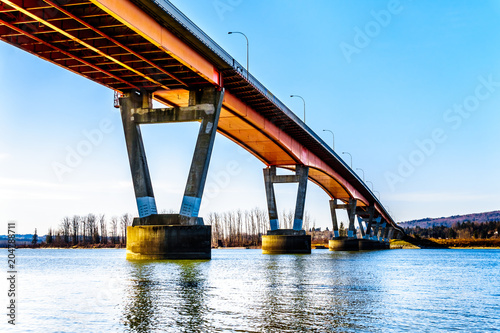 Mission Bridge over the Fraser River on Highway 11 from the Matsqui Dyke between the towns of Abbotsford and Mission in British Columbia, Canada