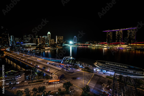 Aerial Night Panoramic View of Singapore City