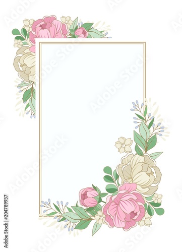 Summer floral frame. Flowers, leaves and twigs. Composition for a wedding or a postcard. Vector illustration.