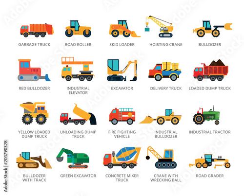 Set of 22 flat vector icons representing special and industrial vehicles concepts