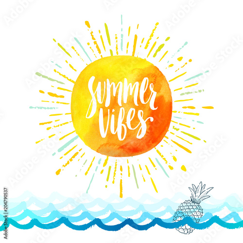 Summer vibes - Summer holidays greeting card. Handwritten calligraphy on a watercolor sun with multicolored sunburst above the ocean waves Vector illustration.