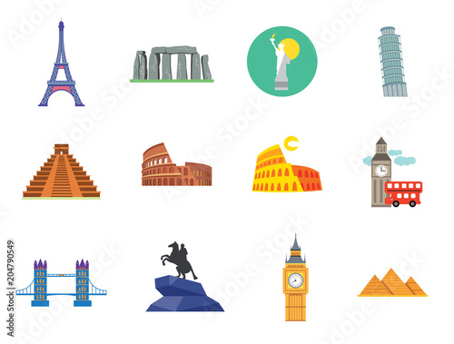 Tourist attraction icons set. Thirteen vector icons of Eiffel Tower, Big Ben, Pyramids and other tourist attractions