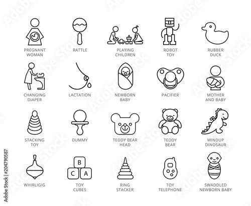 Toys vector icons set. Twenty two line illustrations