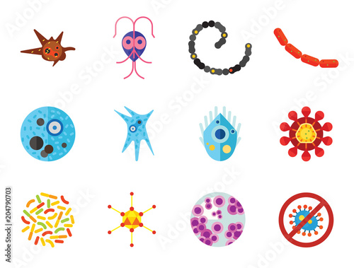 Virus icons set. Thirteen vector icons of influenza virus, coronavirus, adenovirus and other bacteria