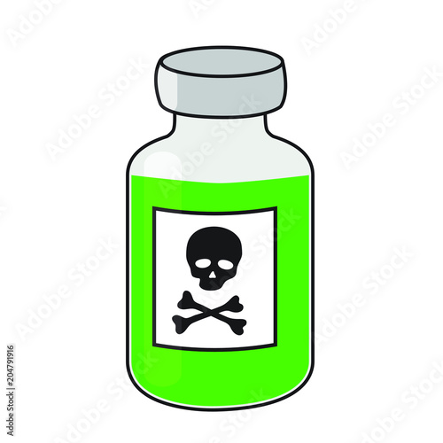 glass vial of poison, green liquide with sign of toxicity skull with crossbones label, simple flat coartoon vector icon