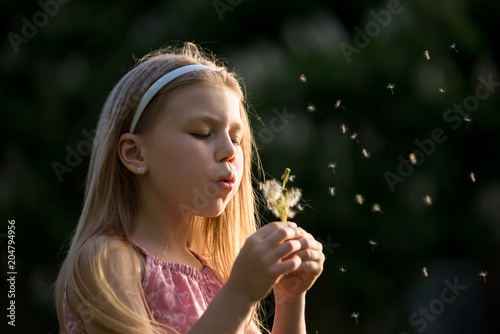 pretty little girl blowing a dandelion on a summer day in the park closeup
