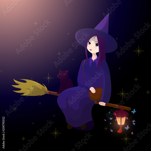 A postcard on the Halloween feast with a mystical witch on a magic broomstick with a cat and with a magic lantern. A mystic cat and witch or witch, turned into a cat flying on a broomstick in the air.