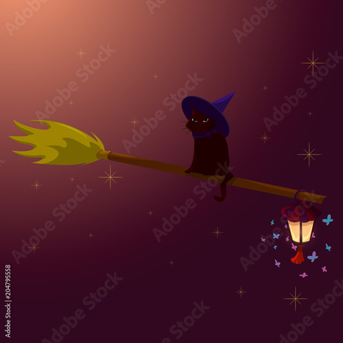 Postcard for the holiday Halloween with a mystical cat witch on a magic broom and with a magical lantern. A mystical cat-witch or witch, turned into a cat flying on a broomstick in the air.
