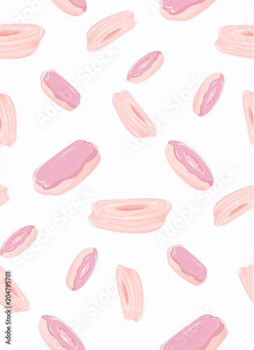 Pattern of falling eclairs and cottage cheese rings. A simple pattern of falling sweets and snacks in the form of eelkra with chocolate icing and a ring with curd from a tender dough.