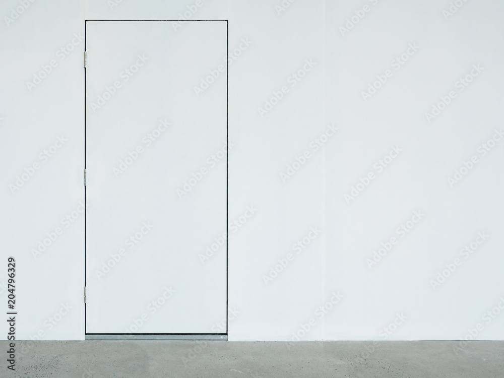 A closed white door on the white wall. - obrazy, fototapety, plakaty 