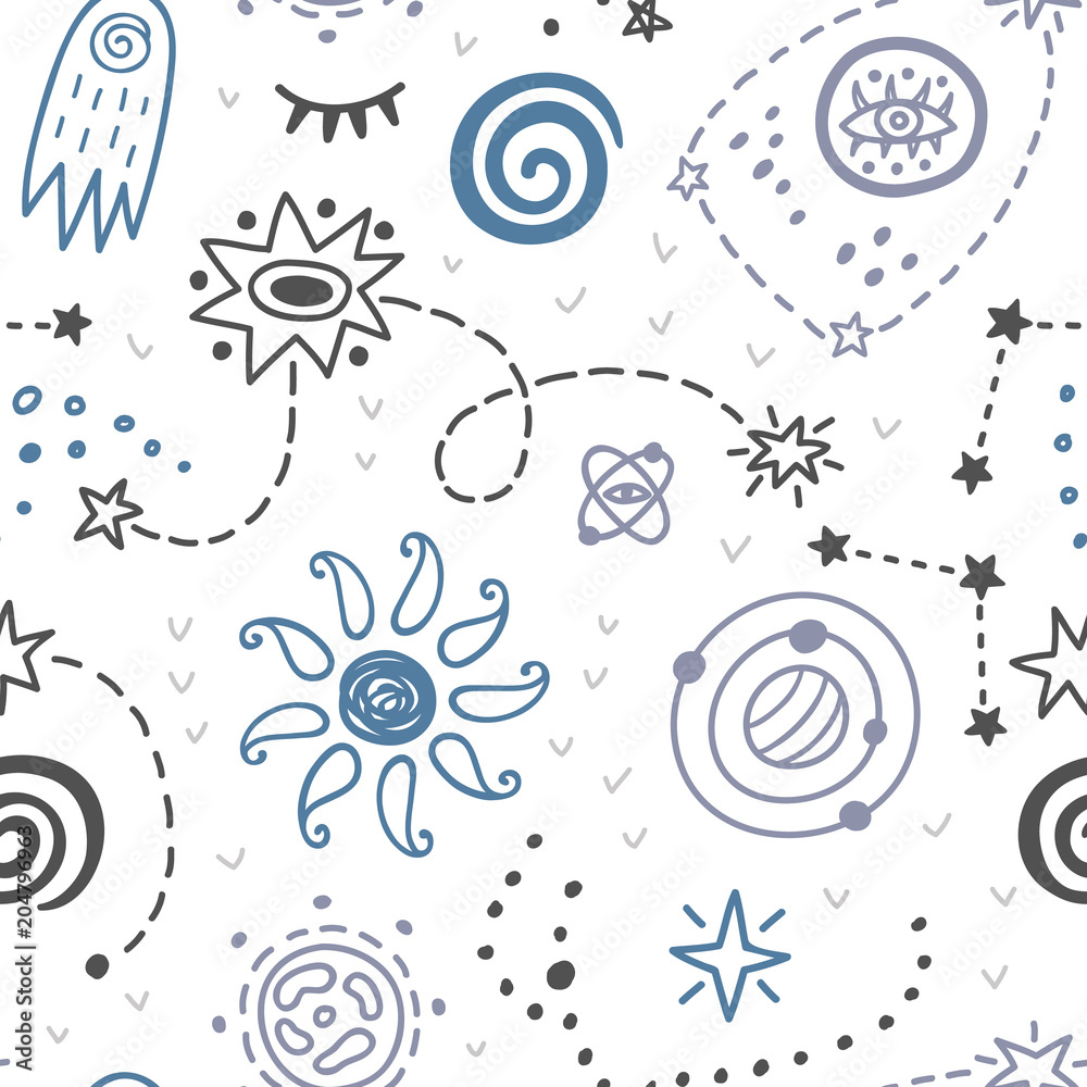 Space Galaxy childish seamless pattern with stars, cosmic elements Space Galaxy childish seamless pattern with stars, cosmic elements