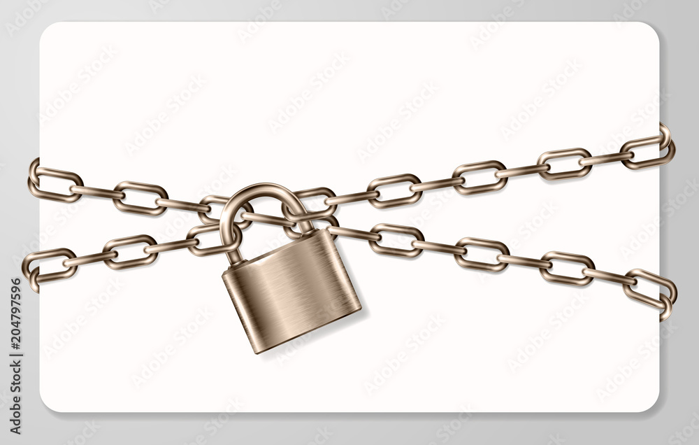 The realistic brown metal chain and padlock, handcuffed card, vector illustration