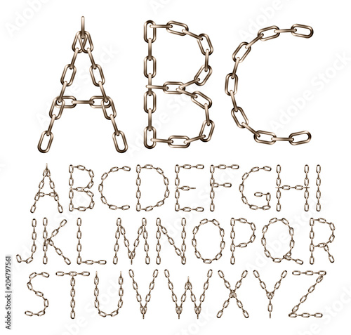 Vector alphabet letters made from brown realistic chain, isolated on white