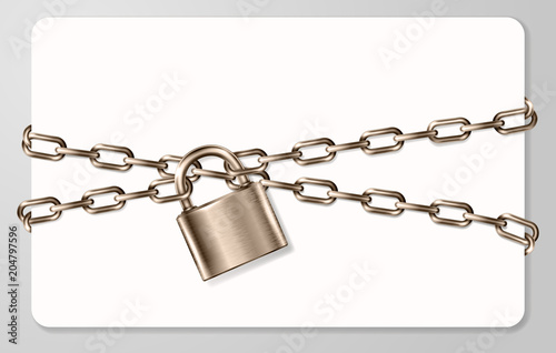 The realistic  brown metal chain and padlock, handcuffed card, vector illustration