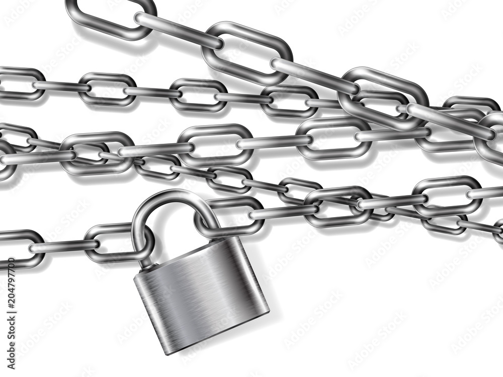 The realistic gray metal chain and padlock, handcuffed card, vector illustration The realistic gray metal chain and padlock, handcuffed card, vector illustration
