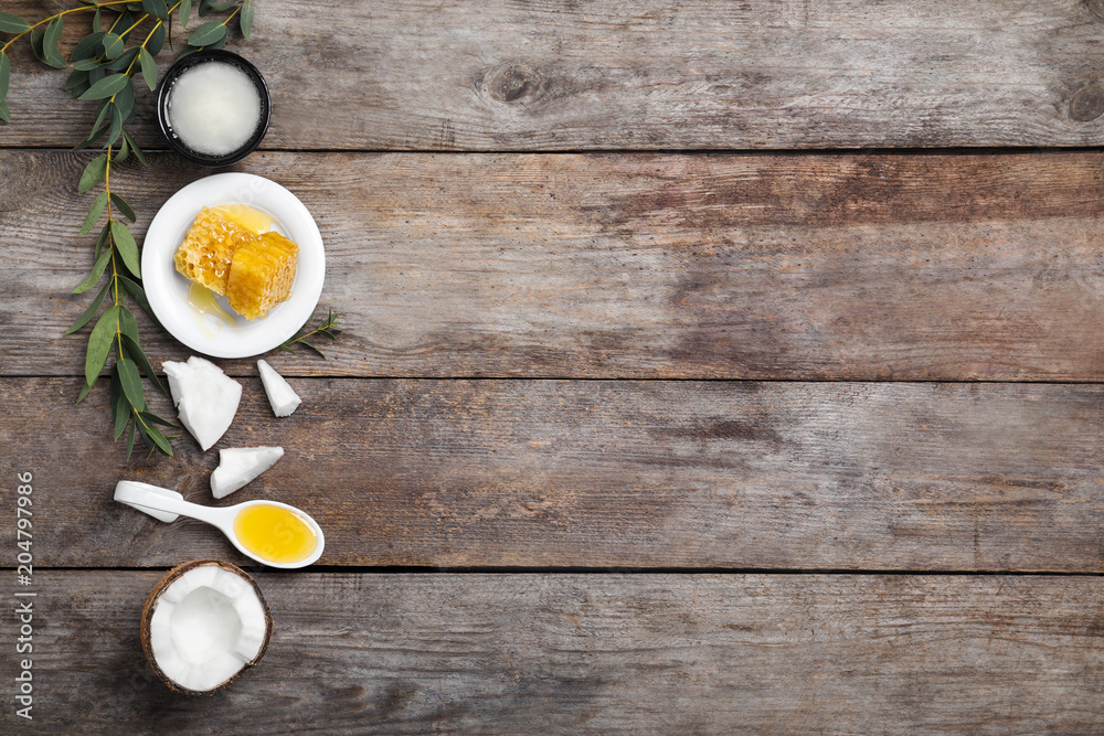 Fresh ingredients for homemade effective acne remedy on wooden background Fresh ingredients for homemade effective acne remedy on wooden background