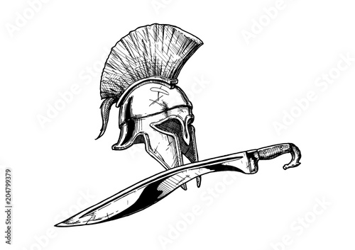 Corinthian helmet and kopis sword