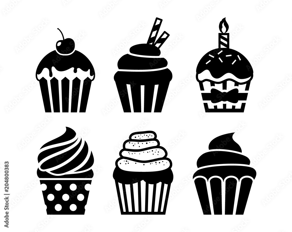 Black isolated cupcakes icons set. Cupcakes with topping, cream, birthday candle, cherry and sprinkles. Black isolated cupcakes icons set. Cupcakes with topping, cream, birthday candle, cherry and sprinkles.