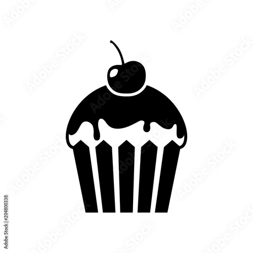 Black cupcake icon. Cupcake with cherry on top.