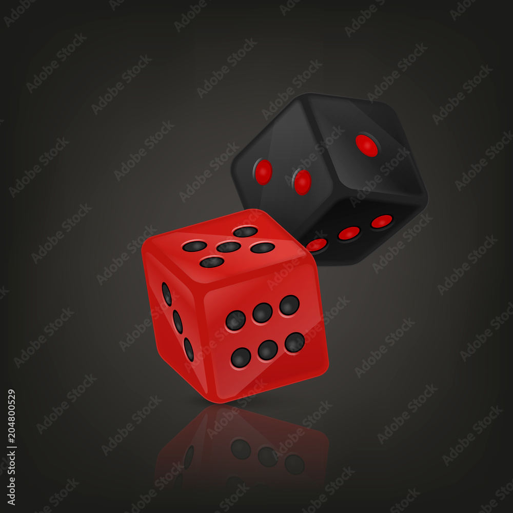 Vector illustration of red and black realistic game dice icon in flight  closeup on black background. Casino gambling design template for app, web,  infographics, advertising, mock up etc Stock Vector | Adobe