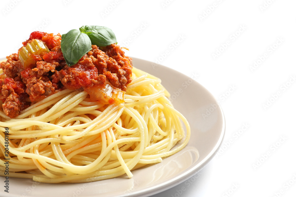 Plate with delicious pasta bolognese on white background Plate with delicious pasta bolognese on white background