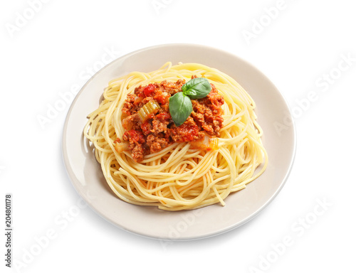 Plate with delicious pasta bolognese on white background
