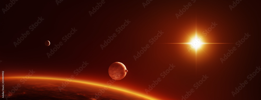 Weltall Szene mit Planeten, Monden und einem roten Zwergstern - obrazy, fototapety, plakaty 