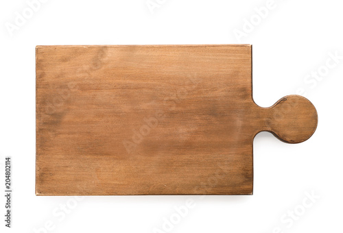 Wooden board on white background, top view. Kitchen accessory